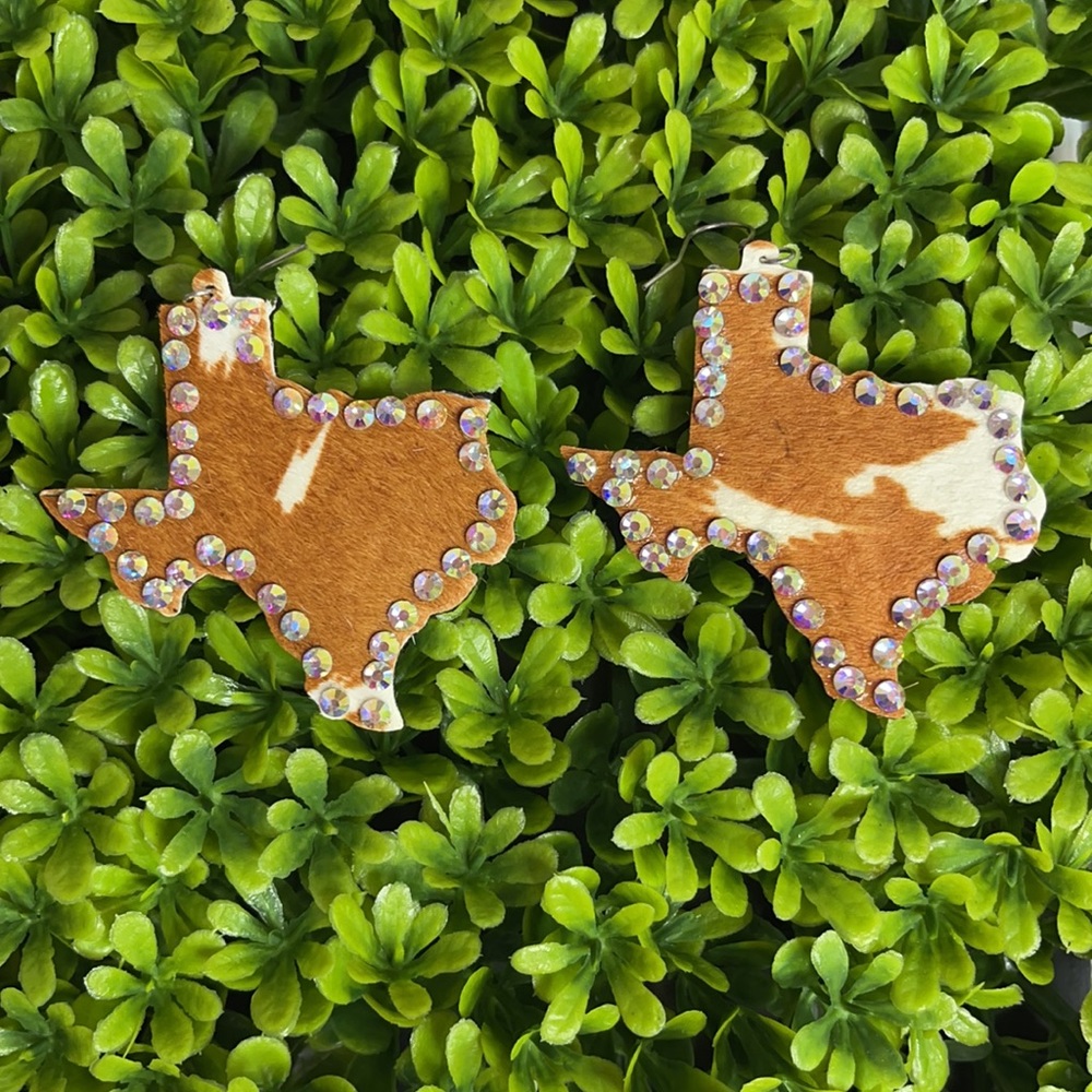 Brown & White Leather Cow Print Texas Shaped Earrings